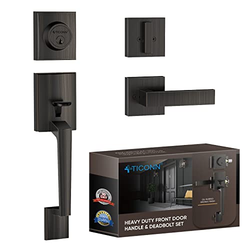 Image of TICONN Front Door Handle Set, Heavy Duty Square Door Lever & Single Cylinder Deadbolt Combo Reversible for Entrance Exterior Doors (Oil Rubbed Bronze)