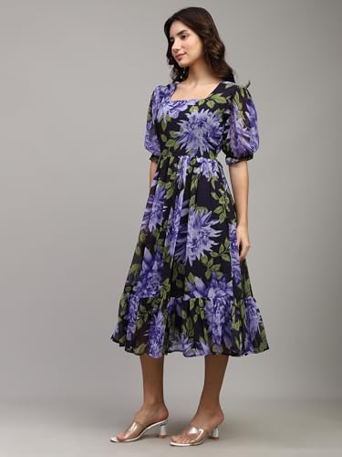 Image of Shasmi Women Women's Floral Printed Midi Dress - Puff Sleeve, Square Neck, A-Line Fit & Flare Casual Outfit