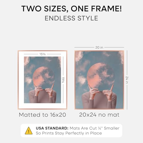 Image of Homeforia 20x24 Frame Rose Gold, High End Metal 20x24 Poster Frames with Mat 16x20 inch Photo, 20 x 24 Rose Gold Picture Frame Matted to 16 by 20 Print, 24x20 Frame, Tempered Glass, Wall Kit, Set of 1