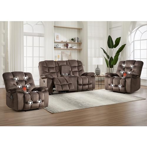 Image of HAOMARKETS 3 Pieces Recliner Sofa Furniture Set, Include 2 Power Recliner Chairs with Message&Heat and a Manual Loveseat with Hidden Storage and Cup Holders for Living Room, Brown