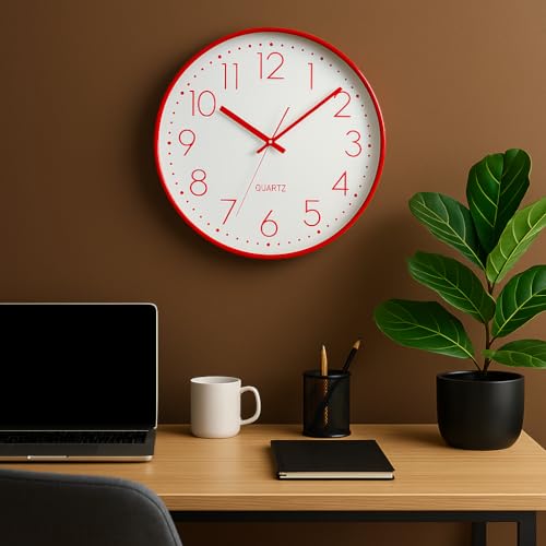 Image of Xtore Modern Round Wall Clock with Luxurious Finish (Pack of 1, RED)