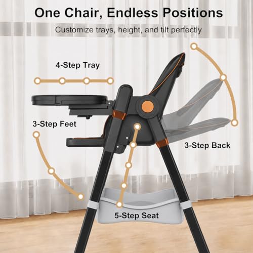 Image of Baby High Chair for Babies and Toddlers, Foldable Feeding Chair with Wheels, Adjustable Seat Height, Backrest, Footrest, Removable Tray, PU Cushion, 5-Point Harness, Black