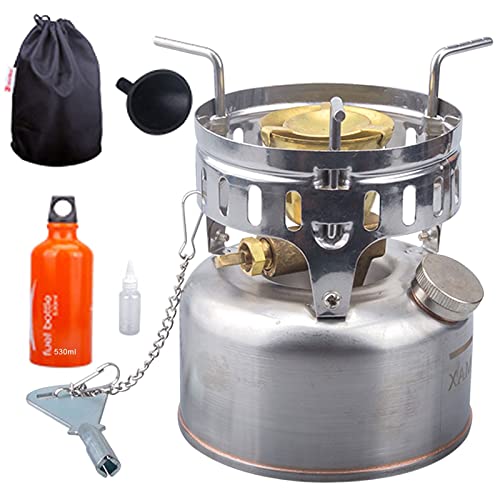 Réchaud de camping à gaz portable avec réservoir de carburant de 200 ml, acier inoxydable, cuisine en plein air haute altitude, design compact, sac de transport inclus