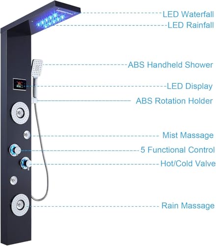 Image of ELLO&ALLO LED Rainfall Waterfall Shower Head Rain Massage System with Body Jets Stainless Steel Bathroom Shower Panel Tower System, Brushed Black
