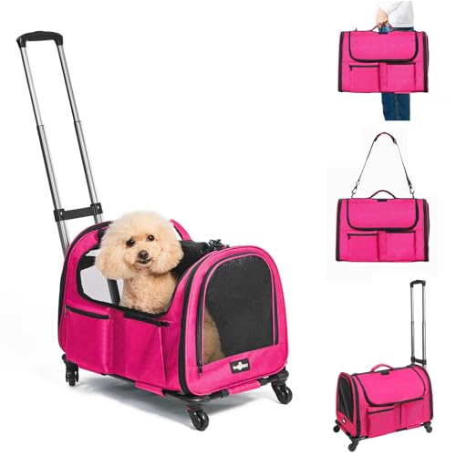 Large Pet Carrier with Wheels Foldable Rolling Dog Carrier with Big Pocket Cat Rolling Bag 21x13x13 for 2 Cats &Dogs for Travel Outdoor Vet Visits Camping Indoor.Pink. (Not for Airline)