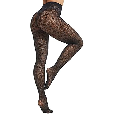 JarseHera Women Patterned Tights Hollow Out Knitted Pantyhose High Waist Chiffon Lace Fishnet Stockings, Black,1 Pair, One Size Cover