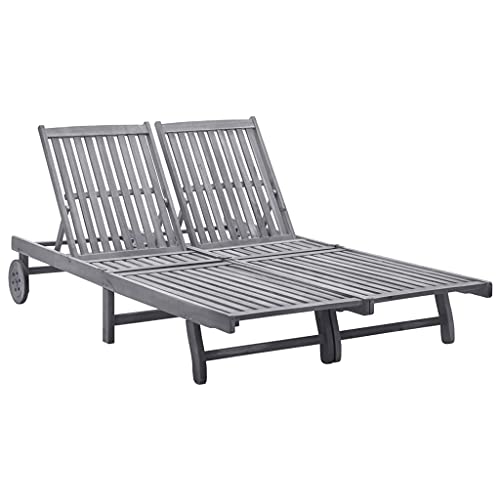 SKTQYQO Tumbona de madera maciza de acacia para 2 personas, con respaldo ajustable y ruedas, gris lavado, para jardín, piscina, patio, decoración exterior, duradera y cómoda