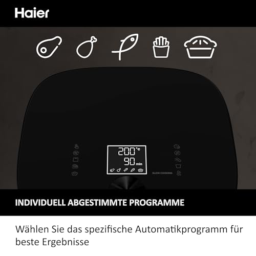 Haier Air Fryer XXL I-Master Serie 5 Friteuse Sans Huile, Capacite 7L jusqu'à 6 personnes, Fenêtre de Contrôle, Cuisson à l'Air Chaud,Rôtissage,Gril, Cuisson Lente, Décongélation, Yaourt, Noir