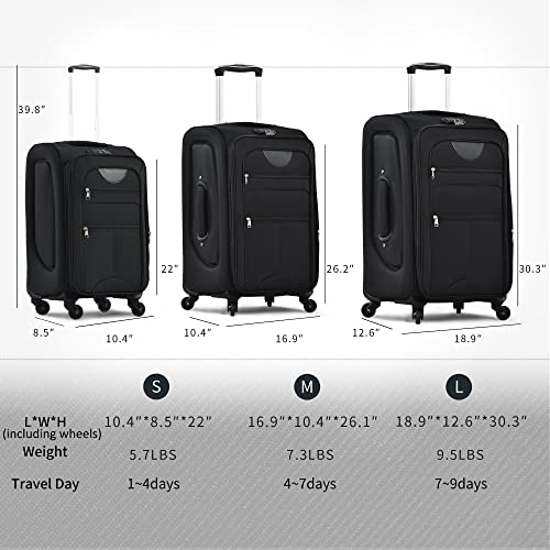 Merax Luggage Set, Softside Suitcase 3 Piece, Expandable Lightweight Luggage Sets with Duffel Bag 22" 26" 30" Suitcase with Wheels TSA Lock,Black2