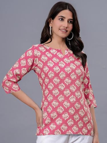 Image of Pinkmint Women's Printed Cotton Blend Short Kurti l All Over Printed V-Cut Neckline Casual Wear Tunic Top's l Ethnic Top's for Girls