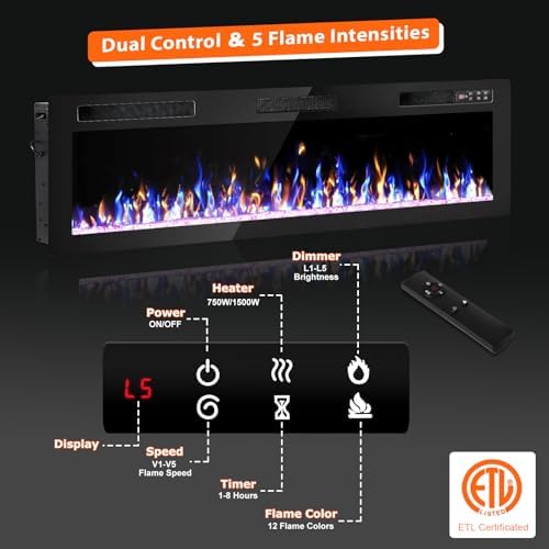 72 Inch Electric Fireplace, Ultra-Thin Fire Places Electric Fireplace Inserts Recessed and Wall Mounted with Remote Control & Touch Screen, 750W/1500W Fireplace Electric Heater with Timer, Multi-Flame - Thumbnail 4