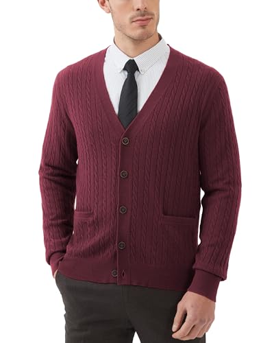 Kallspin Men's Cardigan Sweater Wool Blend Cable Knit V Neck Buttons Cardigan with Pockets(Burgundy...