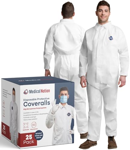 Hazmat Suits Disposable 2XL Non-Hooded Coveralls, Heavy-Duty Full Body PPE