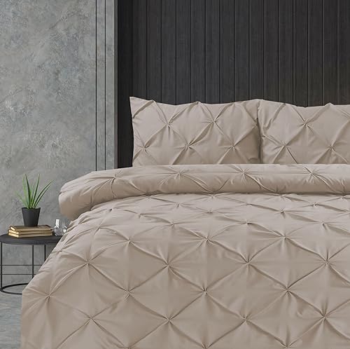 Linen Home Pintuck Double Duvet Cover Set, Soft Microfiber Pinch Pleat Linen Duvet Cover with 2 Pillow Shams, Easy Care