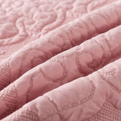NEWLAKE Quilt Bedspread Set, Pink Jacquard Embossed Floral Pattern Reversible Embroidered Microfiber Coverlet Sets, King Size