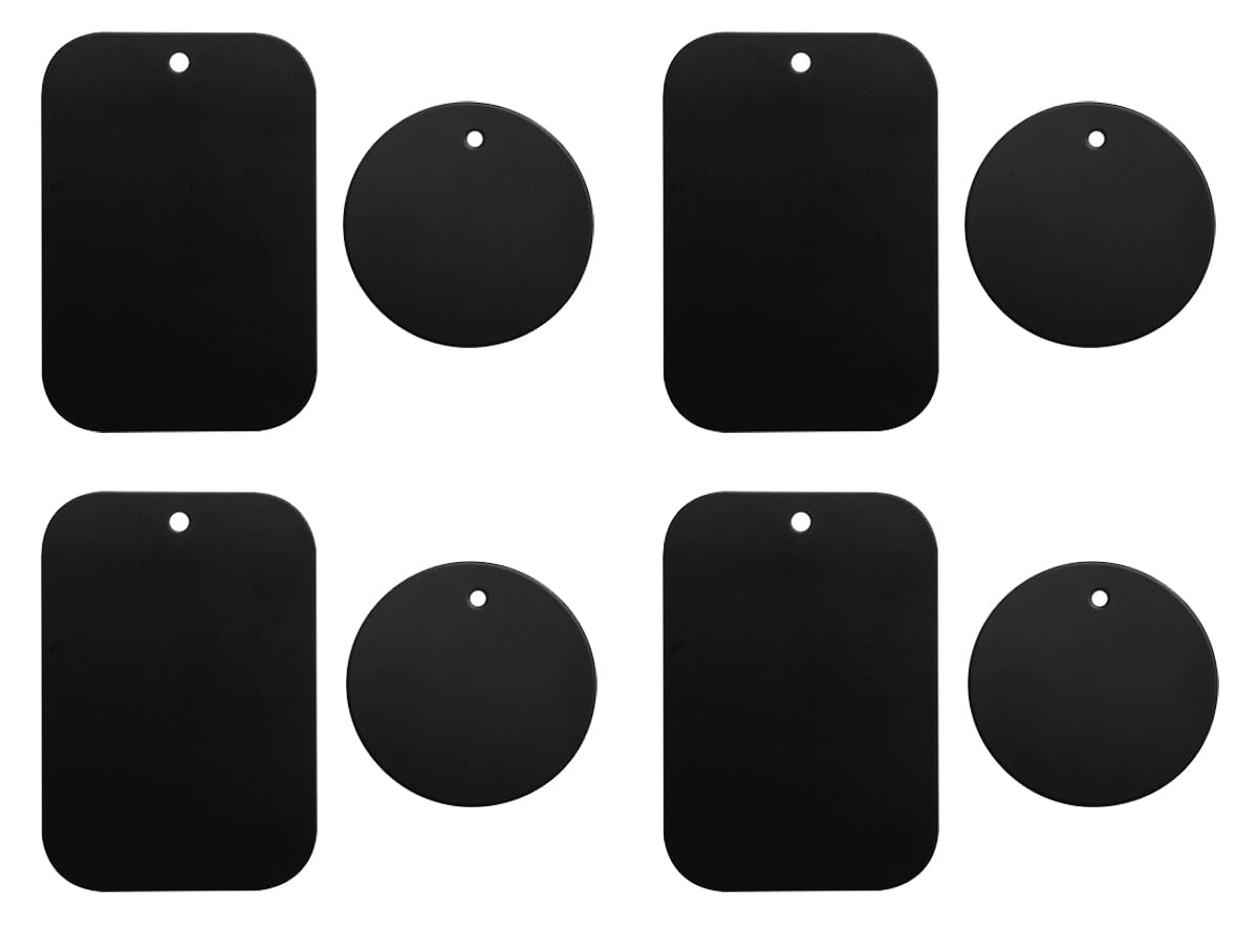 Replacement Metal Plate Set (8 Pack) for Magnetic Mount Car Phone Holders, Sticker Self Adhesive Pad, Wall, Air Vent Mounts, Cases, 4 Black Round and 4 Rectangular Thin Iron Disk, 3M Adhesive