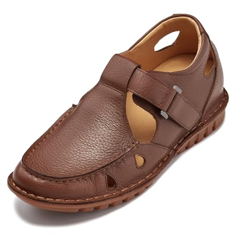 CALTO Men's Invisible Height Increasing Elevator Shoes - Camel Brown Premium Leather Lightweight Casual Fisherman Sandals - 2.8 Inches Taller - K0753 - Size 11 D(M) US