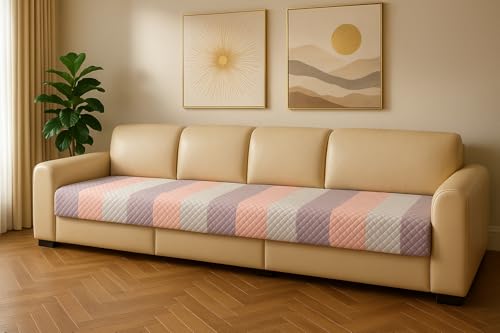 Image of Pastel Stripes Quilted Velvet Sofa Cover - 4-Seater - Fresh Pastel Vibe - Daily Use Luxury Look - Non-Fading Color - Anti-Slip Backing - Easy Maintenance - Washable Quick-Dry