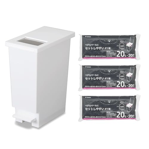 新輝合成 トンボ ユニード ゴミ箱 20リットル 蓋を開けずにごみを捨てられる プッシュタイプ 軽いペダルでサッと開く ホワイト 幅20×奥行35.5×高さ45cm 蓋付き 20S ペダルペールにセットしやすい ゴミ袋 半透明 20L 20枚×3個セット 50×55cm 厚さ0.013mm（Amazon）