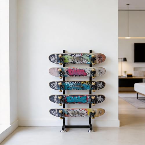 5-Tier Metal Skateboard Rack Floor Stand Heavy-Duty Skateboard & Snowboard Storage Display for Decks Longboards Small Cruisers Freestanding Board Organizer for Garage Bedroom & Skate Shop