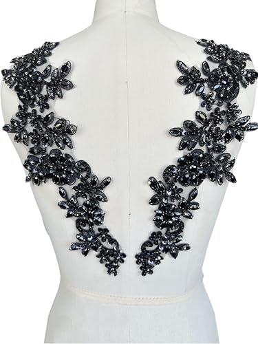 Handmade Rhinestones on lace Applique Sewing Beads Sequins Trim Patches for Wedding Dress Accessories 1 Pair/Bag (Black)