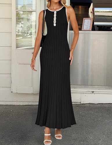 ZESICA Womens 2025 Summer Long Maxi Dress Sleeveless Crew Neck Hollow Out Pleated Ribbed Knit Swing Tank Dresses2