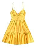 ZAFUL Women's Casual V Neck Summer Mini Dress Spaghetti Strap A-Line Short Dresses Backless Solid Color Sundress (A-f Yellow,S)