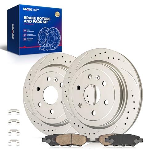 Image of KAX Rear Brake Kit Fits Cadillac SRX 2010-2016, Saab 9-4X 2011 | 12.41in Drilled and Slotted Brake Rotors, Ceramic Brake Pads