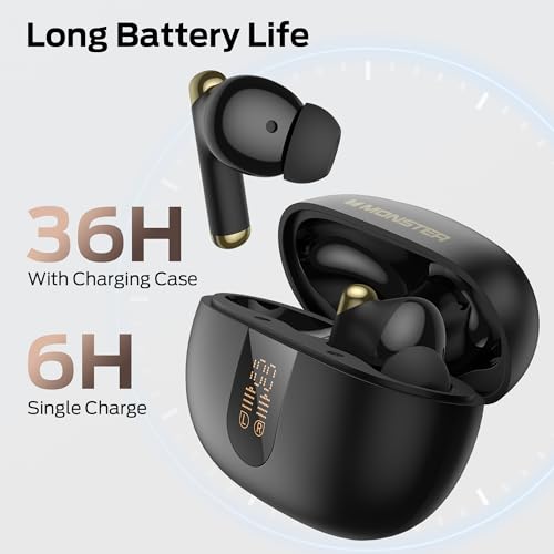 undefined Monster N-Lite 211 Wireless Earbuds, Bluetooth 6.0 Stereo Headphones with Noise-Cancelling Mic and LED Display, Built-in Mic for Clear Calls, Waterproof Design for Sports の商品画像 3