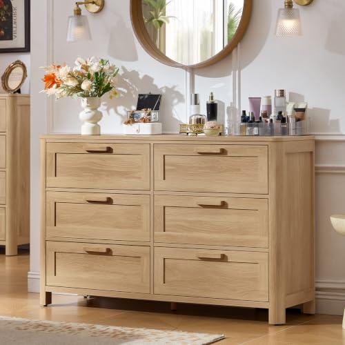 Image of Joaxswe Farmhouse 6 Drawer Dresser for Bedroom, Horizontal Dressers with 6 Deep Drawers & 4 Thickened Table Legs, Natural