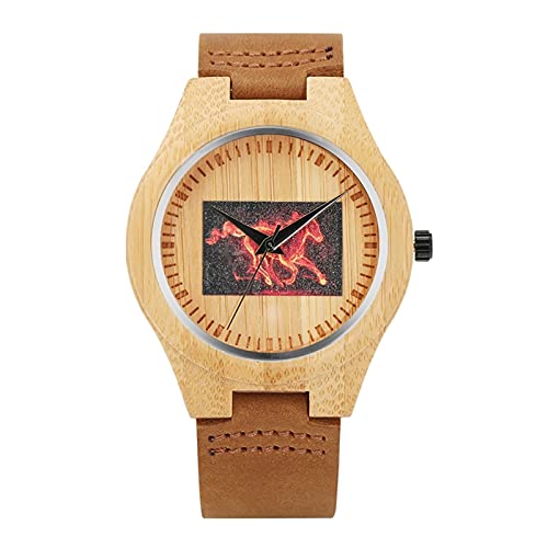 Quartz Watches Benma 3D Running fire Surface Wooden Watch Men Belt Watch Quartz Watch Clock Male Wristwatch JIAFII (Color : Only Watch)