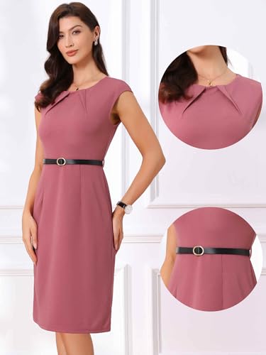 Image of Allegra K Business Dress for Women's Work Elegant 2026 Cap Sleeve Belted Office Sheath Dresses