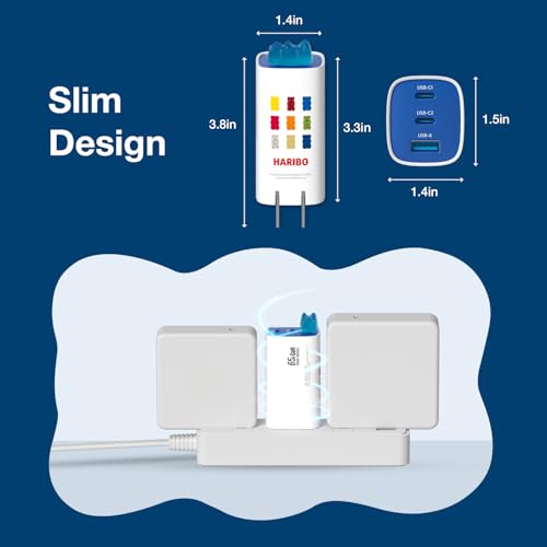 Image of Haribo 65W USB C Charger, 3-Port GaN Fast Charger Block, PD3.0 QC4+ Compact Foldable Travel Charger Compatible with MacBook Pro /Air, iPhone 17 /16 /15 /14, iPad Pro, Galaxy, Pixel, Switch, Blue