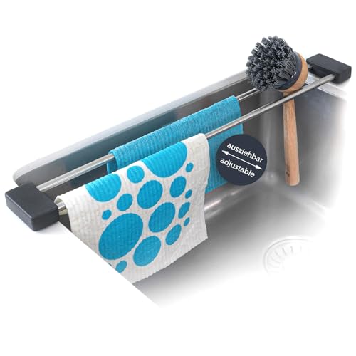 Raxfekro Organizador Fregadero, Escurridor Extensible Multifuncional para Fregadero, Organizador Fregadero Cocina, Porta Paños para Fregadero de Acero Inoxidable, Porta Esponjas de Cocina