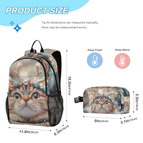 Cat with Horn Backpack Lunch Bag Set for Travel Hiking Picnic, Backpacks with Insulated Lunch Box2
