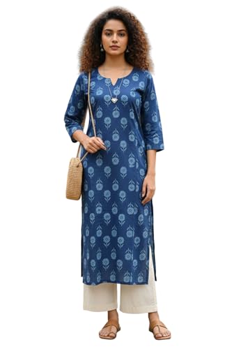 Image of Rajnandini Women's Cotton Jaipuri Printed Kurti (JOPLJPR146A-P Blue P)
