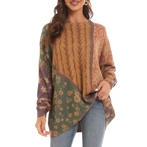 Women's Boho Christmas Sweater, Oversized Long Sleeve Graphic Knit Pullover, Loose Fit Casual Top with Drop Shoulder