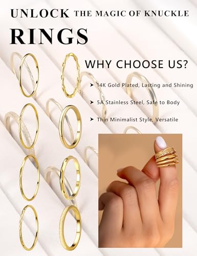 YADOCA 8Pcs 1MM 2MM Stainless Steel Rings for Women Men Minimalist Fashion Dainty Plain Thin Knuckle Stacking Midi Thumb Rings Stackable Statement Band Rings Set Silver Gold Tone Size 4-124