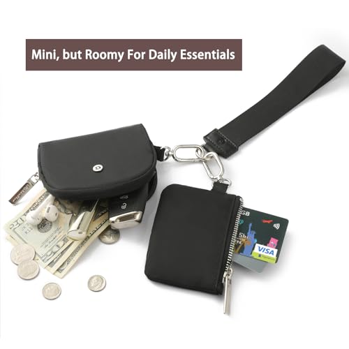 Image of Dual Pouch Wristlet - Keychain Wallet RFID Blocking Mini Zip Around Wristlet Wallets with Detachable Strap, Mini Coin Purse For Women With Premium Zippers & Metal Buckles (Black & Silver Hardware)