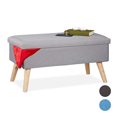 Relaxdays Espacio de Almacenamiento, Banco baúl Acolchado, Moderno, Patas de Madera, Funda de Tela, 39 x 77 x 39 cm, Color Gris Claro, 1 Unidad