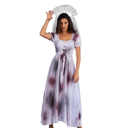 YTWS Zombie Bloody Bride Costume for Women Corpse Dress Halloween Cosplay Party(White-red，XS/S)
