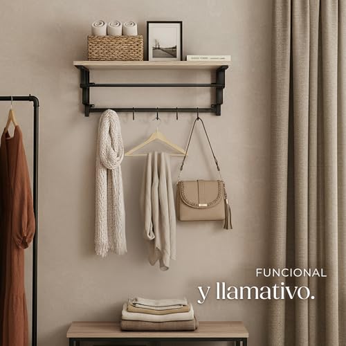 tectake® Percheros Pared, Perchero Entrada Recibidor, Colgador Pared, Muebles de Entrada, Colgadores, Diseño Estable con Ganchos Extraíbles - 30 x 66 x 27 cm Madera Industrial Clara, Roble Sonoma - imagen 8