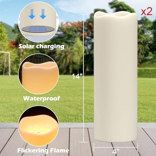 Image of GenSwin Solar Candles Outdoor Waterproof, Large 14 inch x 4 inch Solar Candles Rechargeable, Battery Operated Pillar Candle with Sensor Timer Dusk to Dawn for Lanterns, Outdoor, Patio Decor(Set of 2)
