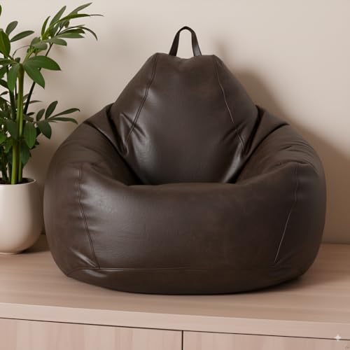 Image of 5XL Premium Leatherette Bean Bag with Rectangular Footrest & Cushion | High Density EPS Beans Filled | Teardrop Shape with Handle | 6 Months Warranty (Brown, 5XL Single, Solid)