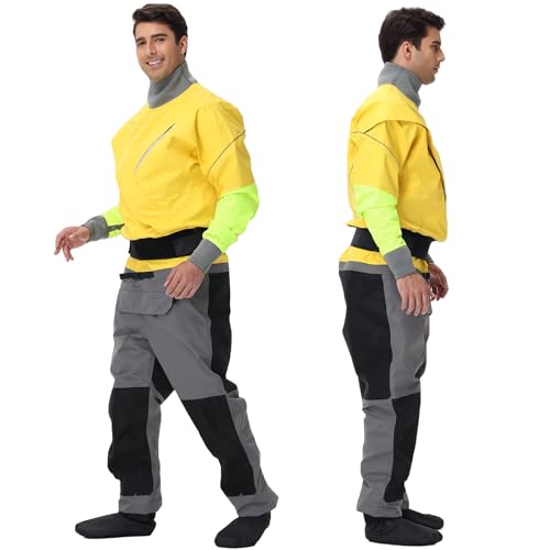 PKEDW Dry Suits for Men,Front Zip for Sailing,Kayaking,Paddling with Reinforced Knees and Seat,Waterproof and Breathable (Yellow, Medium)