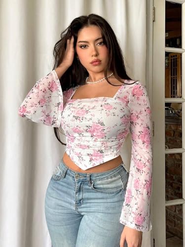 Image of Istyle Can Floral Print Slim‑Fit Crop Top with Square Neck & Bell Sleeves Casual for Women, 95 % Polyester /5 % Elastane Knit, Trendy Crop Tee for Jeans and Skirts