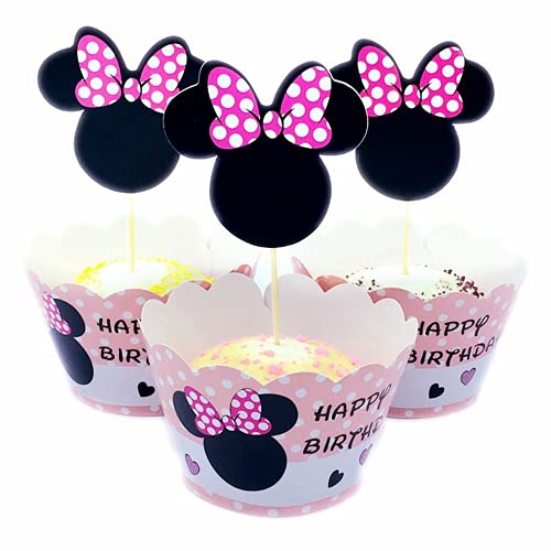 Miss-shop Topper de Gâteau,Minnie Cupcake Toppers et Wrappers 24 Pièces Décorations de Gâteau pour Les Enfants Anniversaire Bébé Douche Fête de d'anniversaire Mariage Cover