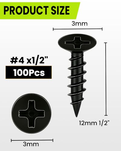 100 piezas Tornillos para madera #4 x 1/2 pulg, Cabeza plana, tornillos pequeños, tornillos negros miniatura 2