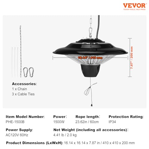 Vevor PHE-1500B Hanging Patio Heater, 1500W Outdoor/Indoor Electric Space Infrared Heater thumb #6
