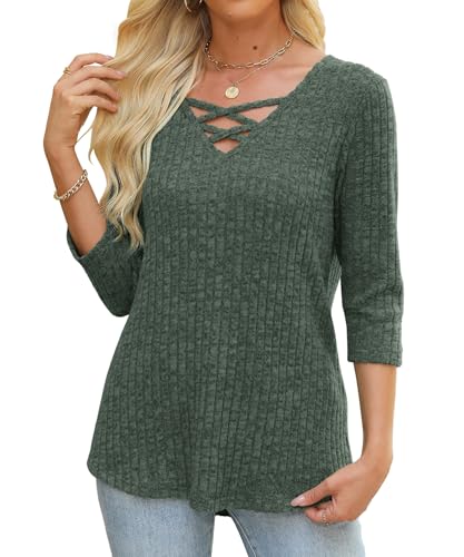 Heymiss Womens Sweaters 3/4 Sleeve V Neck Shirts Dressy Casual Blouses Loose Fit Tunic Tops Criss Cross3